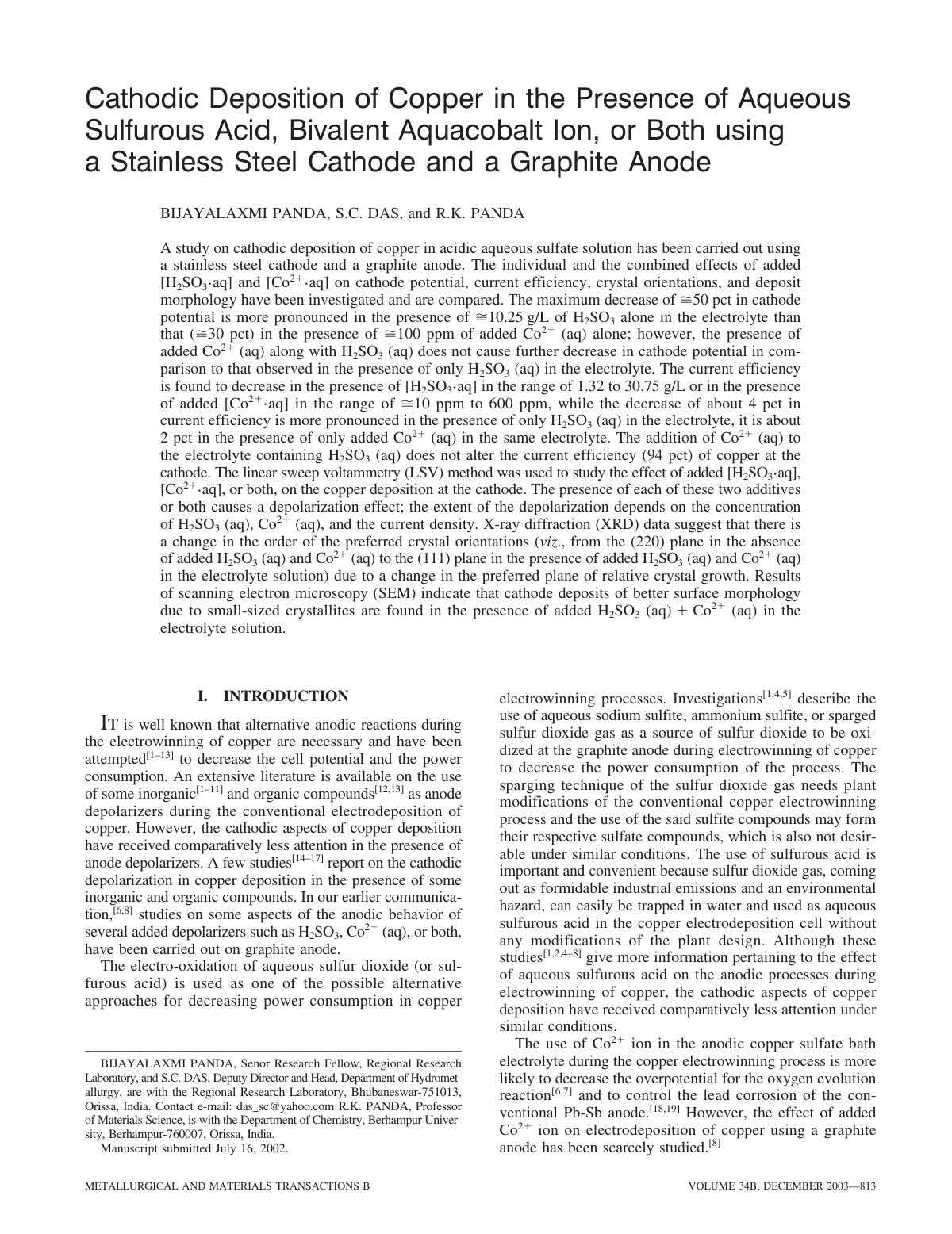 First page of Cathodic deposition of copper in the pre