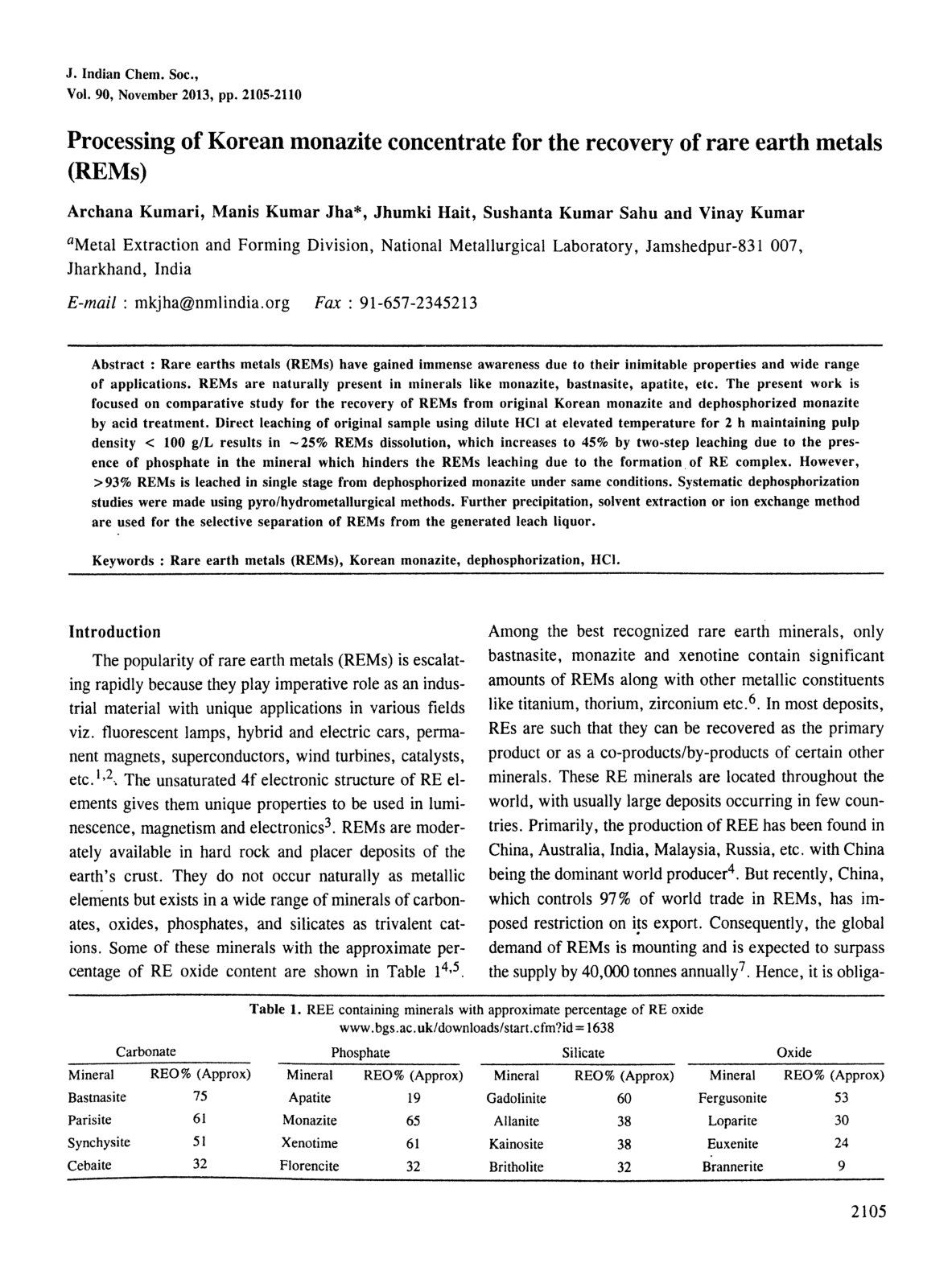 First page of Processing of Korean monazite concentrat