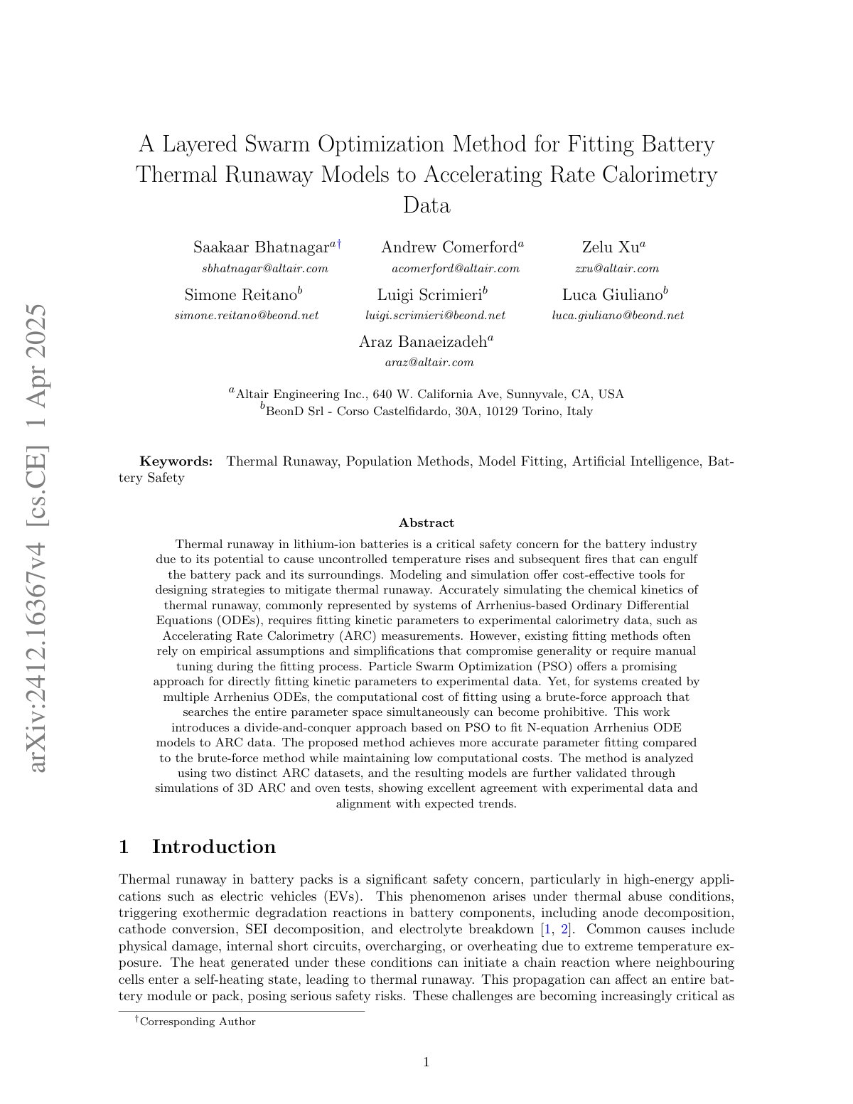 First page of A Layered Swarm Optimization Method for Fitting Battery Thermal Runaway Models to Accelerating Rate Calorimetry Data