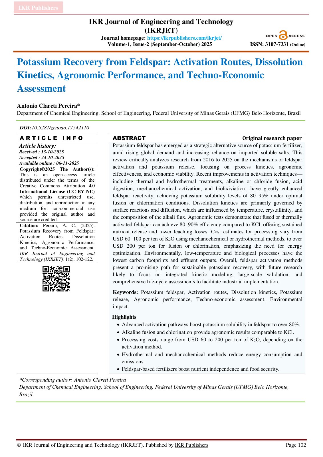 First page of Potassium Recovery from Feldspar Activat