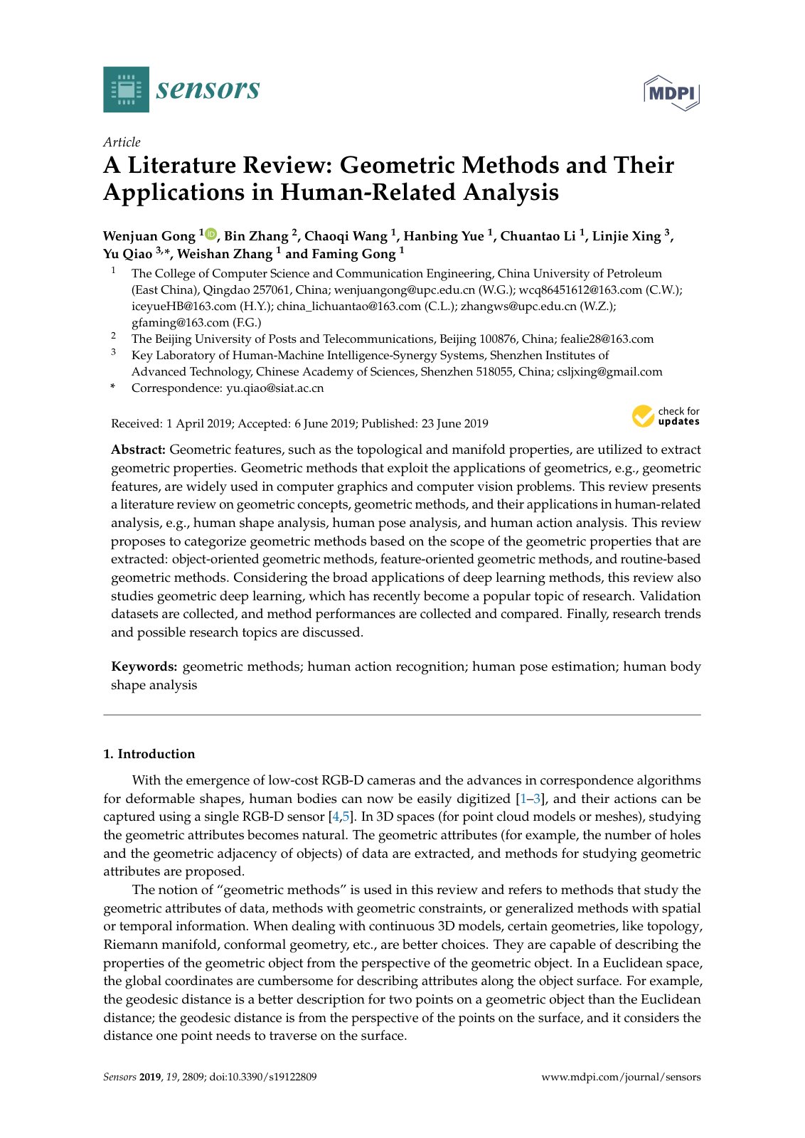 First page of A Literature Review: Geometric Methods and Their Applications in Human-Related Analysis