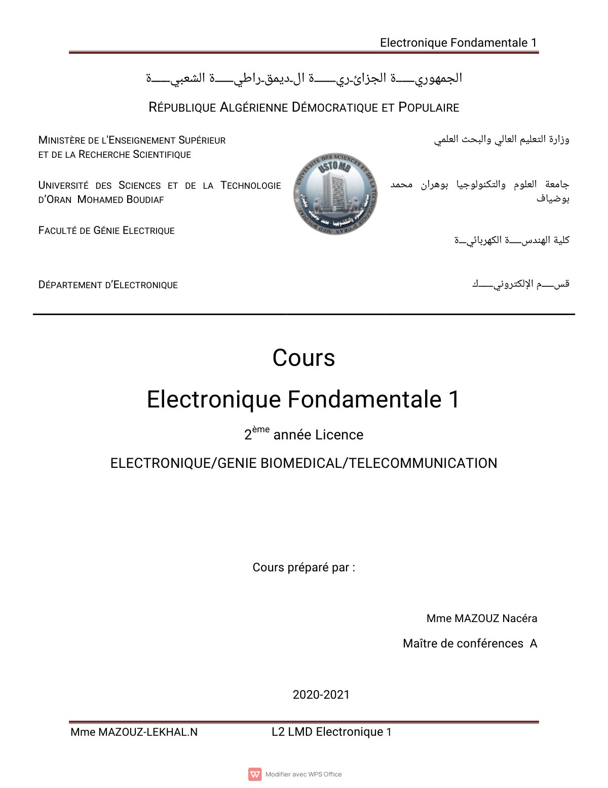 First page of Cours d'électronique fondamentale (1)