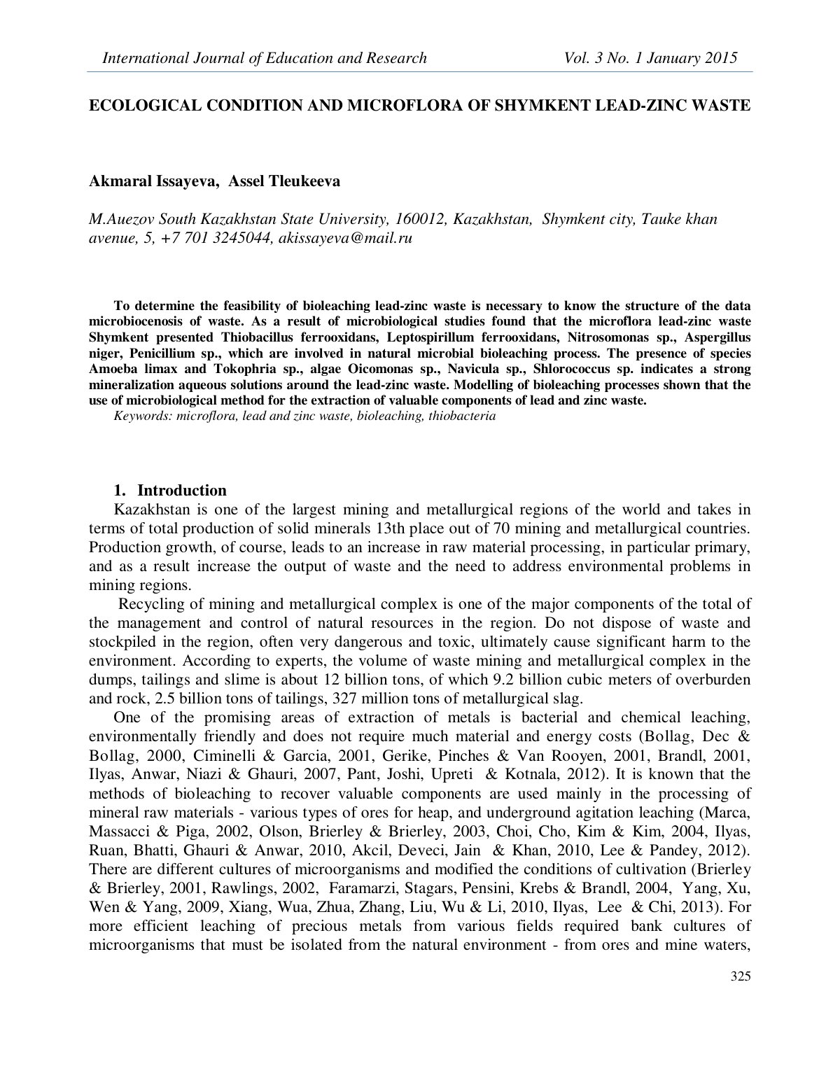 First page of Ecological condition and microflora of Shymkent lead-zinc waste