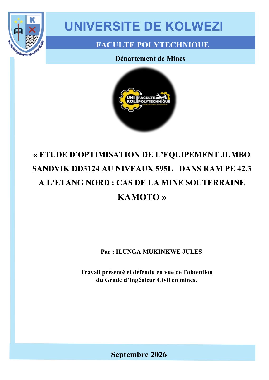 First page of ETUDE D’OPTIMISATION DE L’EQUIPEMENT JUMBO SANDVIK DD3124 AU NIVEAUX 595L DANS RAM PE 42.3 A L’ETANG NORD : CAS DE LA MINE SOUTERRAINE KAMOTO