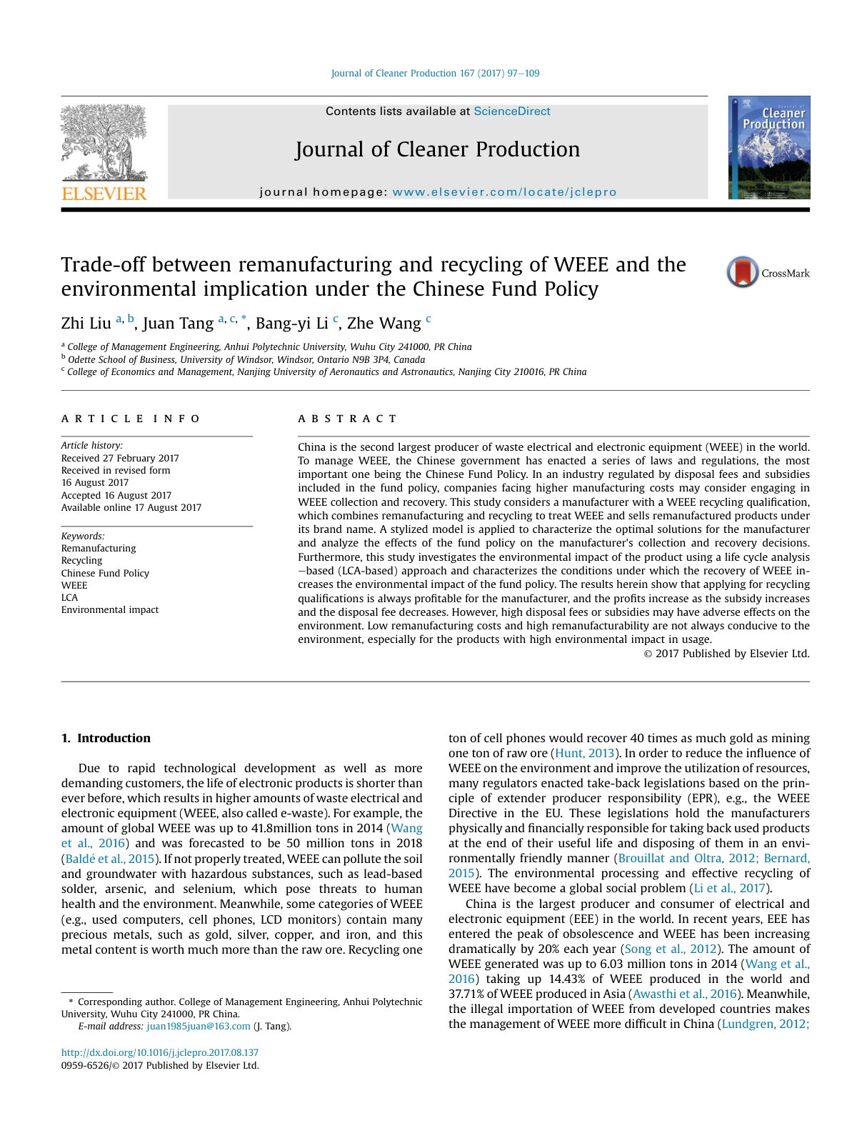 First page of Trade off between remanufacturing and recycling of WEEE a 2017 Journal of Cl