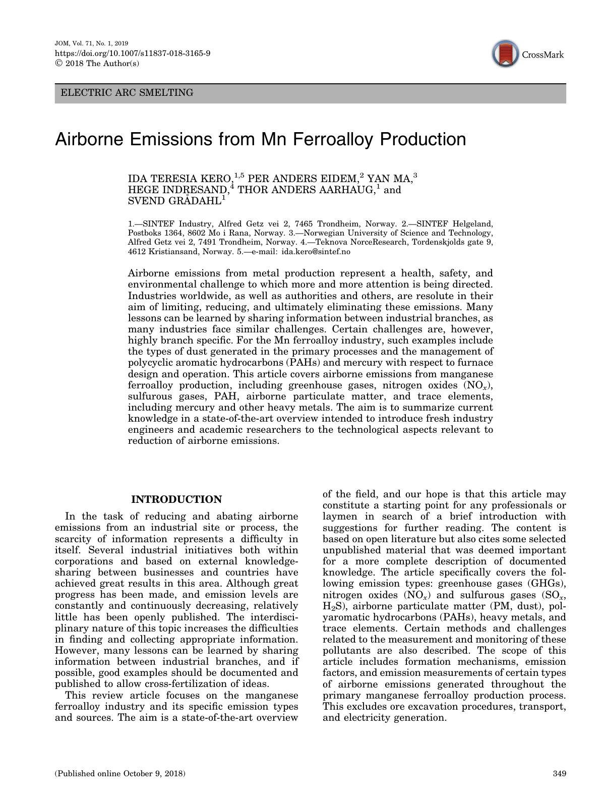 First page of ELECTRIC ARC SMELTING: Airborne Emissions from Mn Ferroalloy Production
