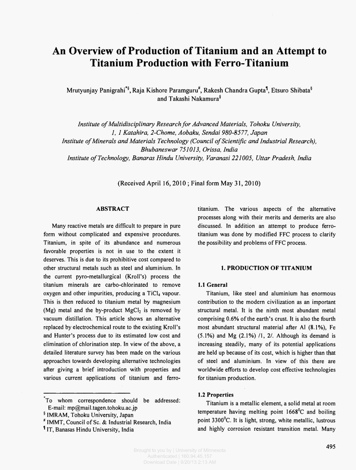 First page of An Overview of Production of Titanium an