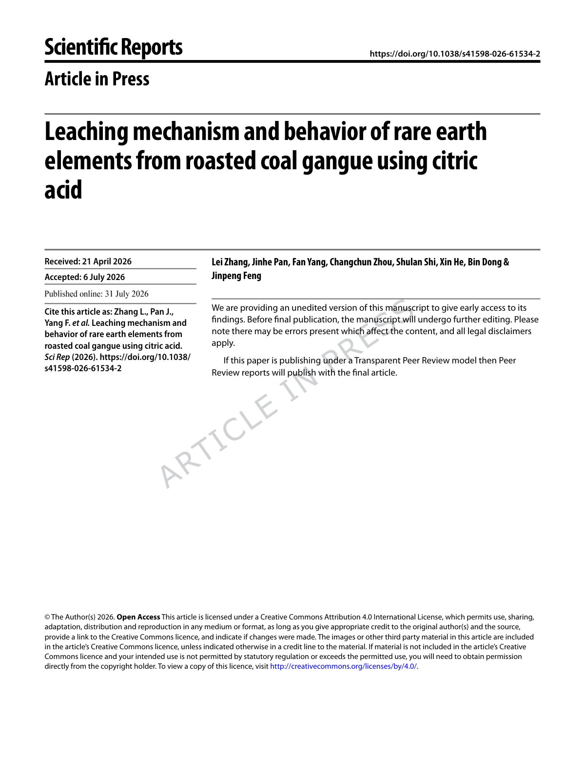 First page of 2026   Zhang   Citric acid leaching of rare earths from coal gangue