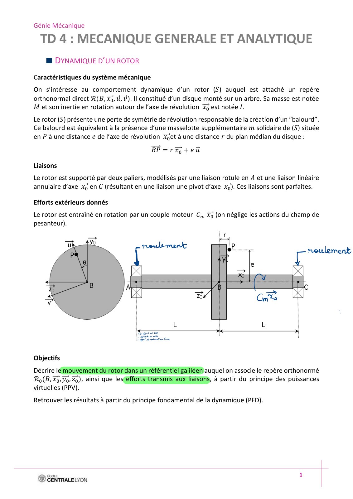 First page of TD 4 : MECANIQUE GENERALE ET ANAL YTIQUE DYNAMIQUE D’UN ROTOR