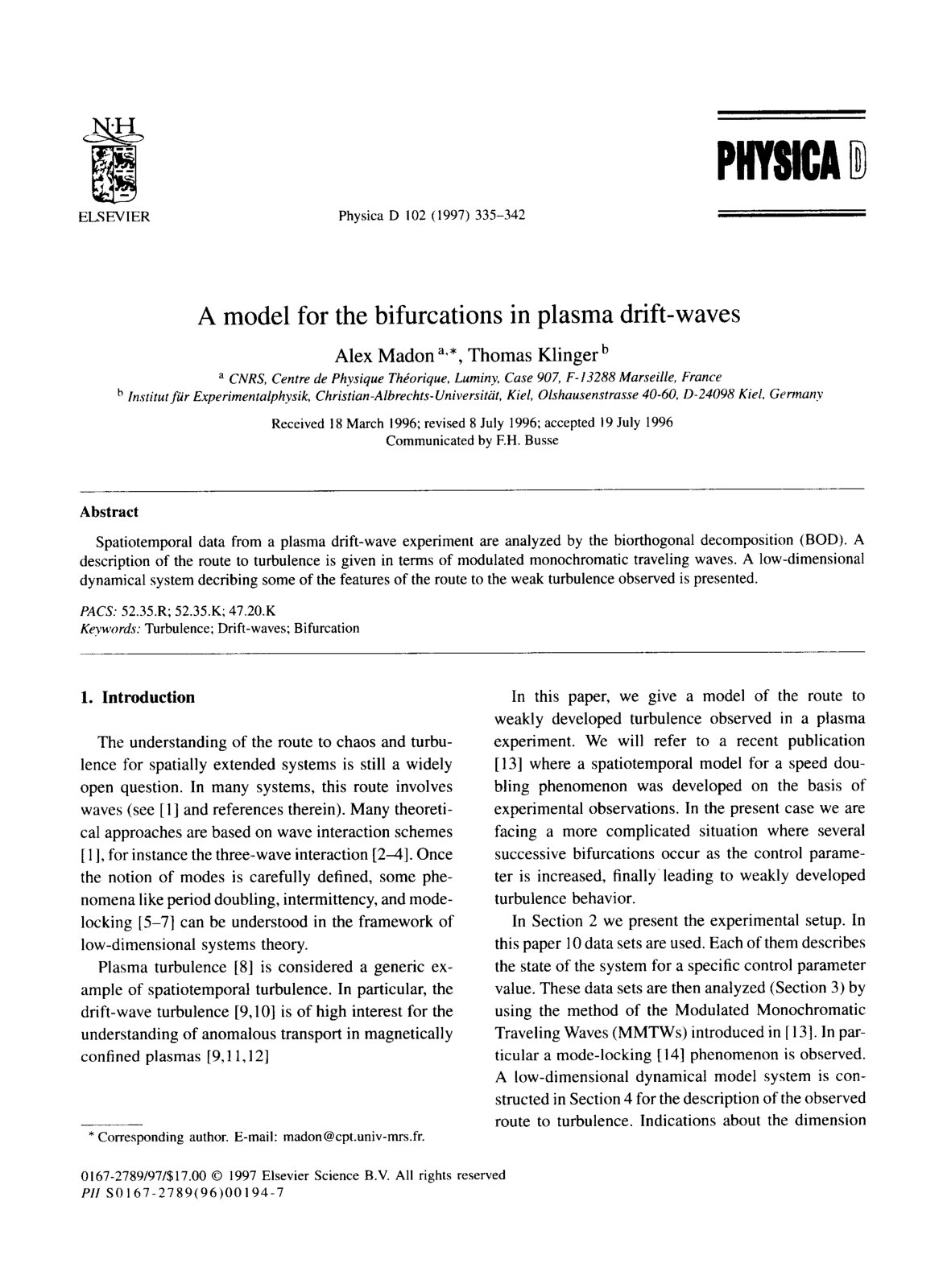 First page of A model for the bifurcations in plasma d