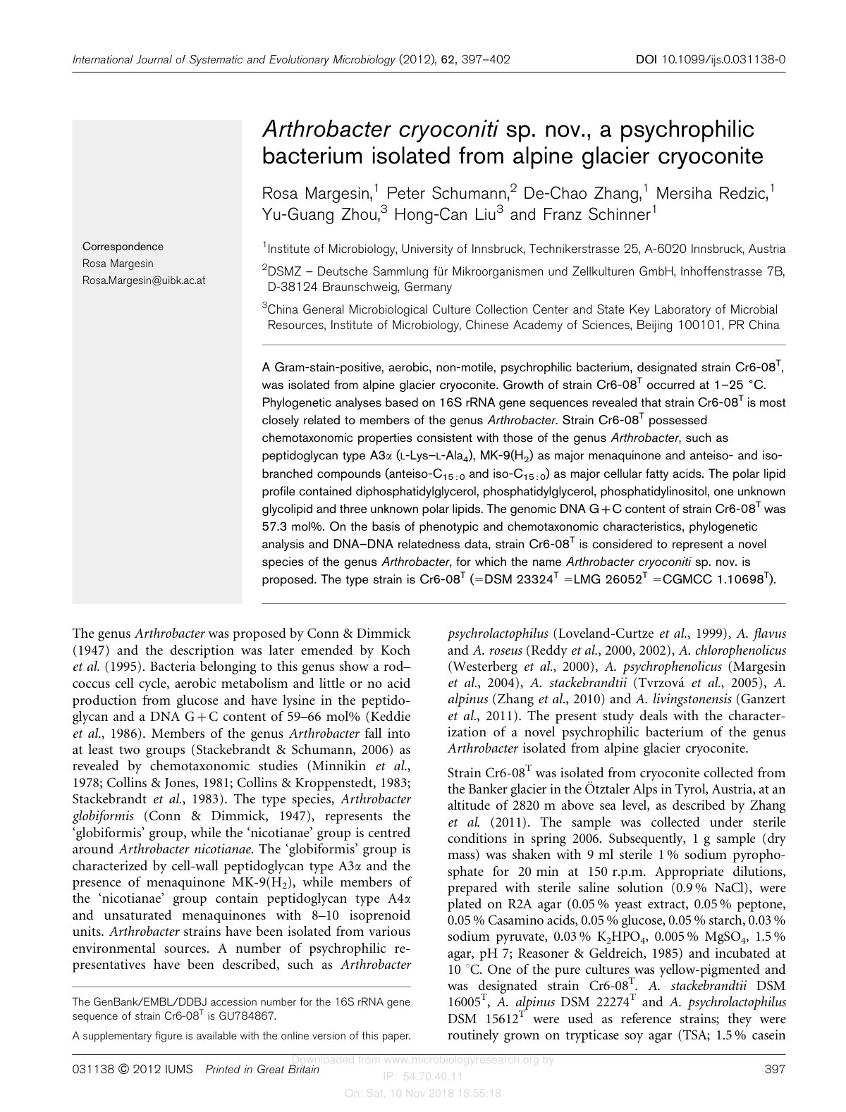 First page of Arthrobacter cryoconiti sp. nov., a psychrophilic bacterium isolated from alpine glacier cryoconite