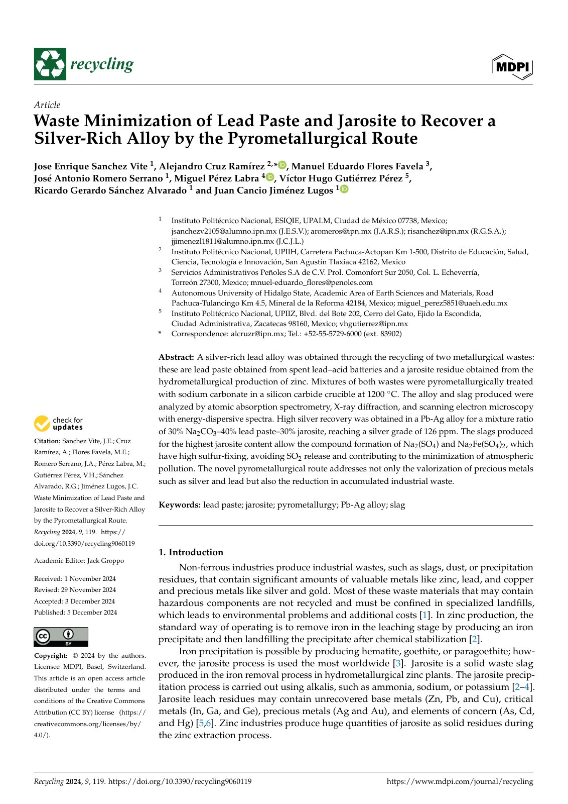 First page of Waste Minimization of Lead Paste and Jarosite to Recover a Silver-Rich Alloy by the Pyrometallurgical Route