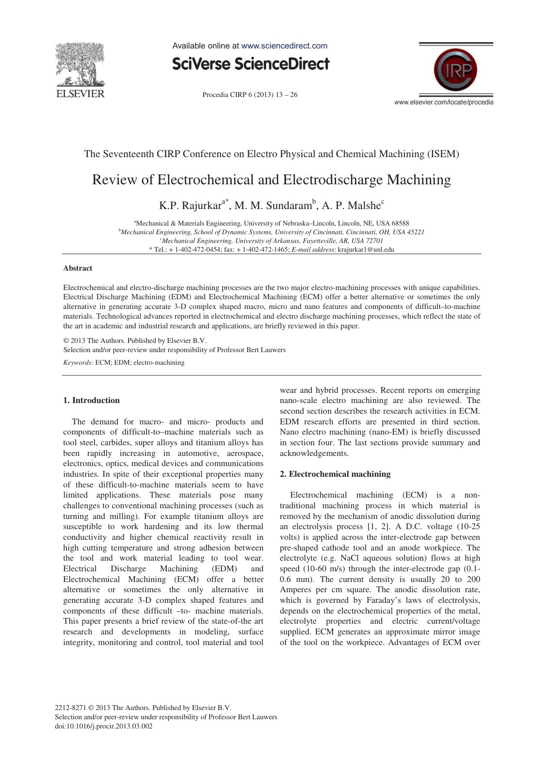 First page of Review of Electrochemical and Electrodischarge Machining