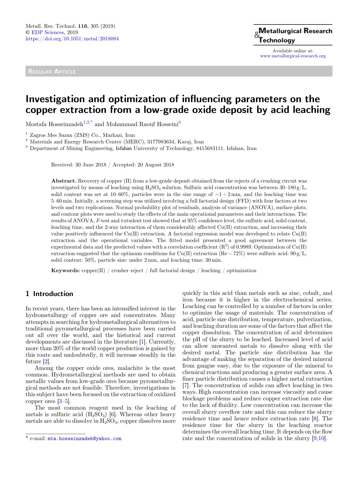 First page of Investigation and optimization of influe