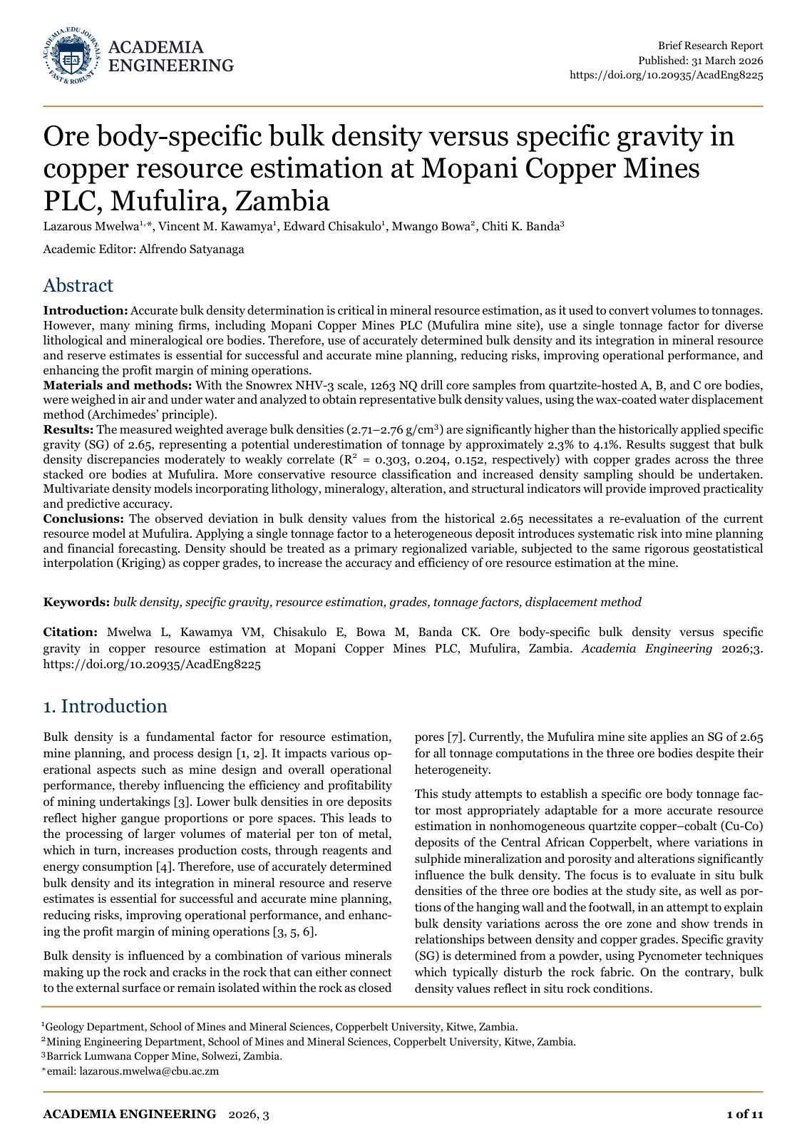 First page of Ore body-specific bulk density versus specific gravity in copper resource estimation at Mopani Copper Mines PLC, Mufulira, Zambia