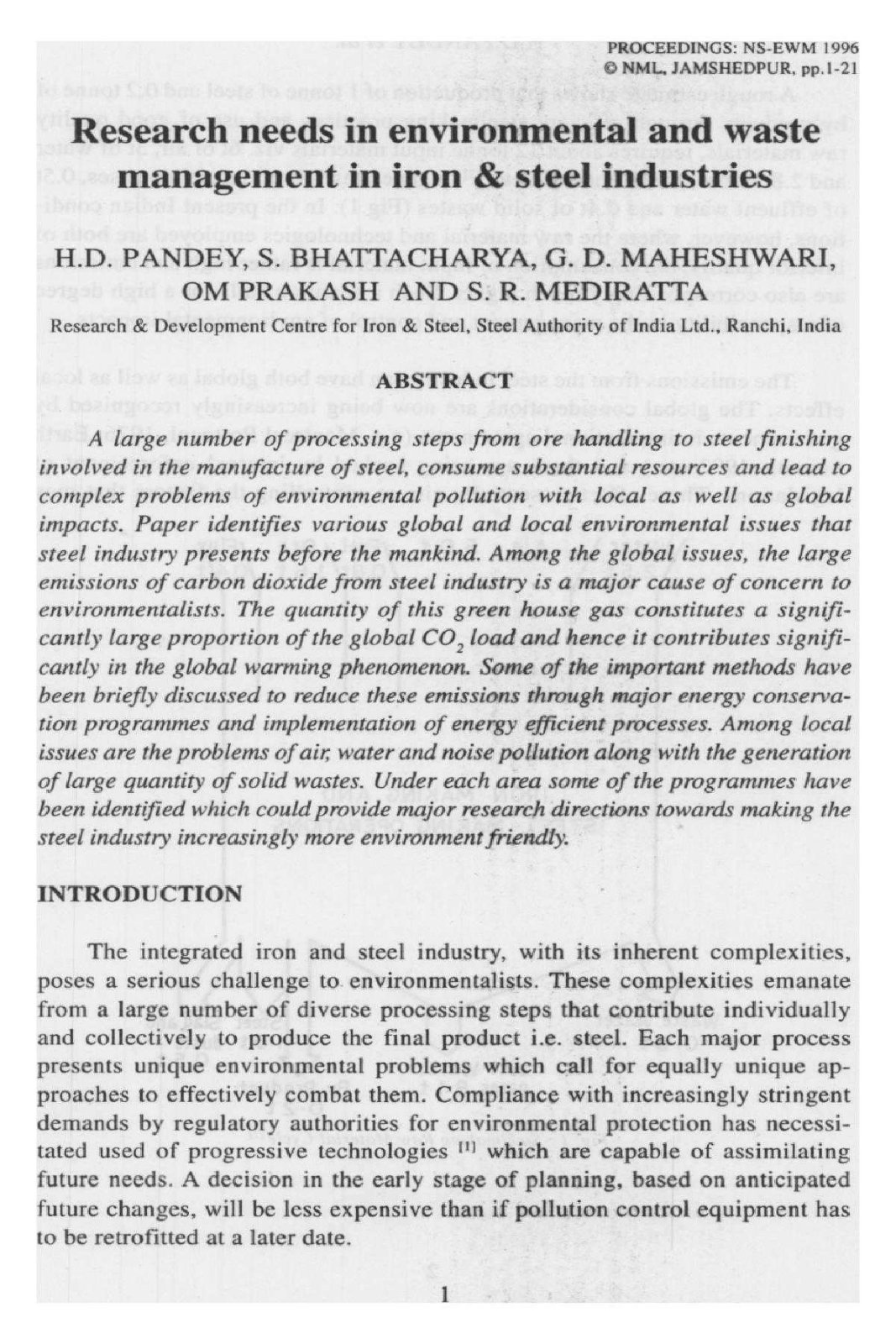 First page of Research needs in environmental and wast