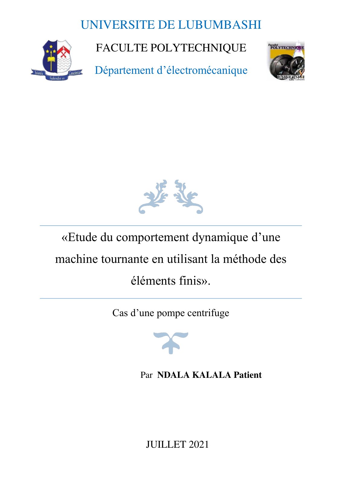 First page of MON MEMOIRE PATIENT NDALA KA 90706731