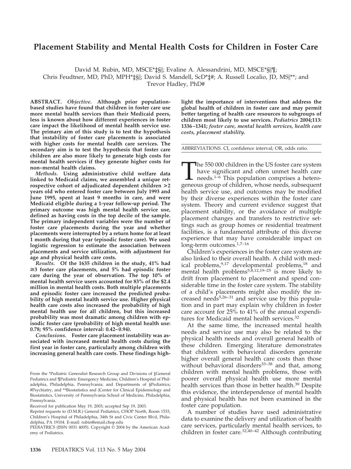 First page of Placement Stability and Mental Health Co