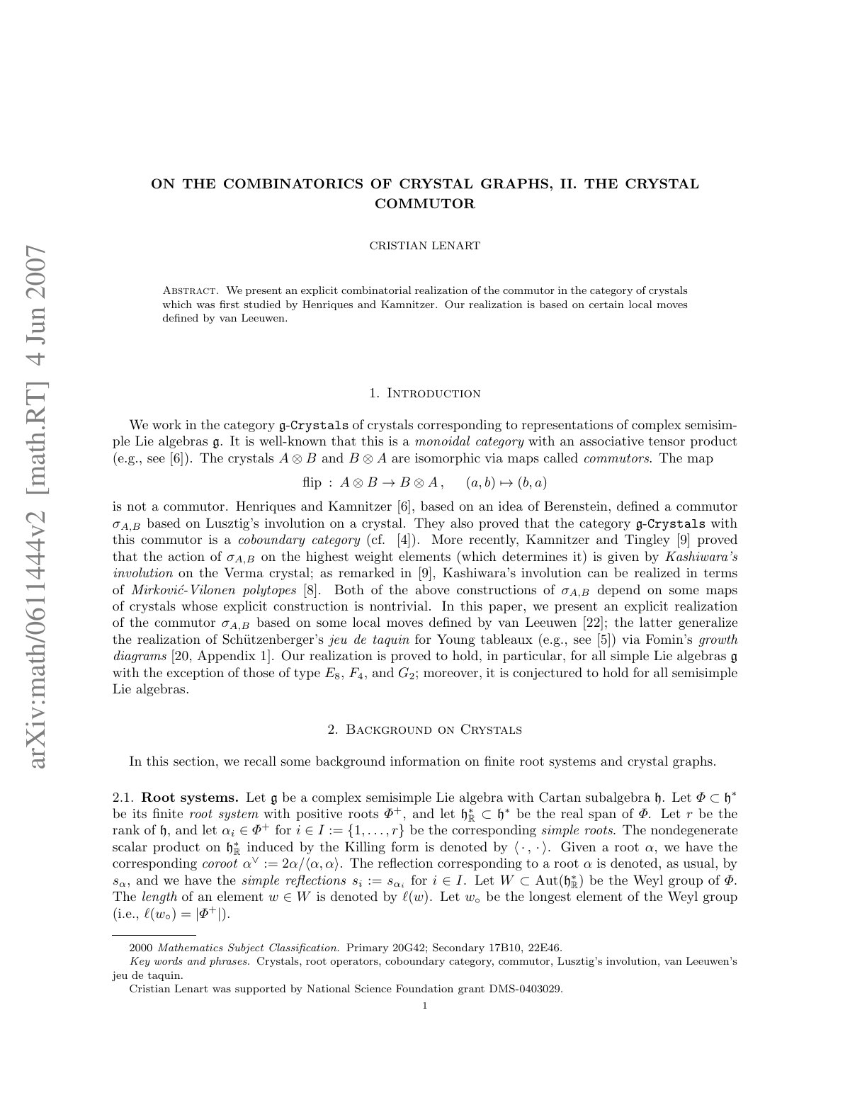 First page of ON THE COMBINATORICS OF CRYSTAL GRAPHS, II. THE CRYSTAL COMMUTOR