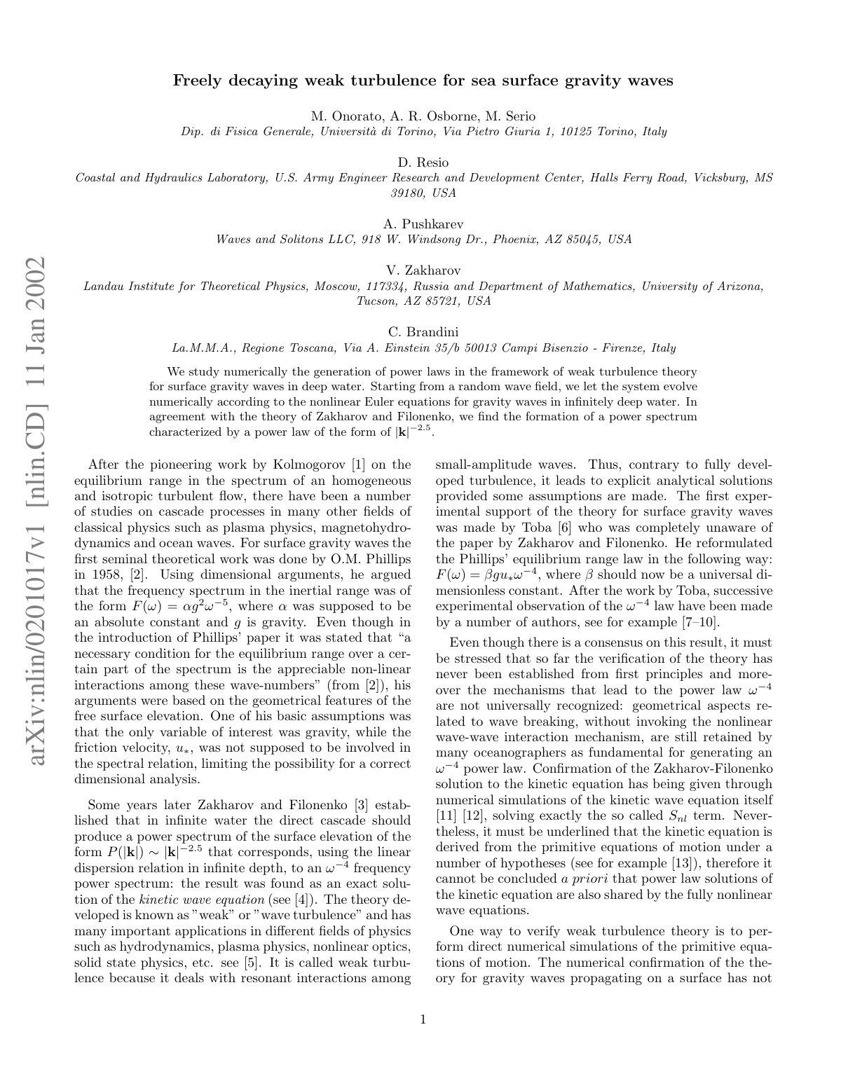 First page of Freely decaying weak turbulence for sea surface gravity waves