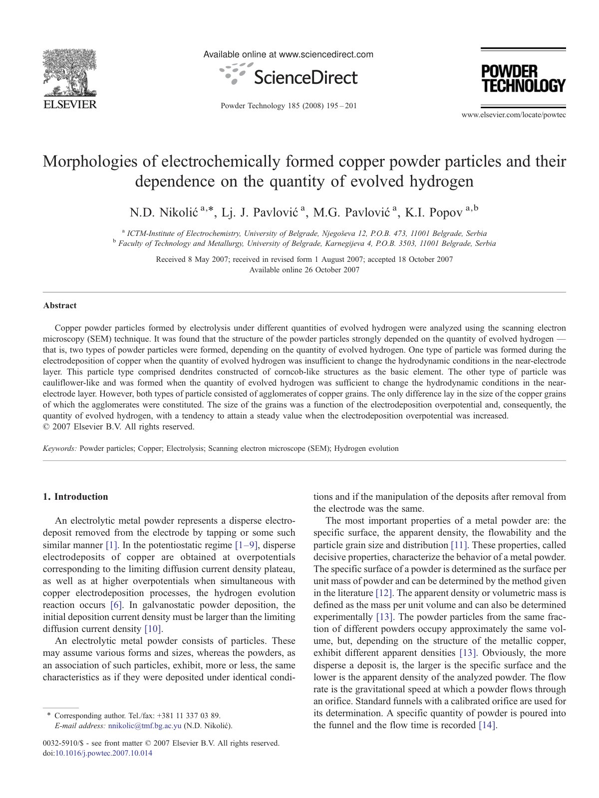 First page of Morphologies of electrochemically formed copper powder particles and their dependence on the quantity of evolved hydrogen