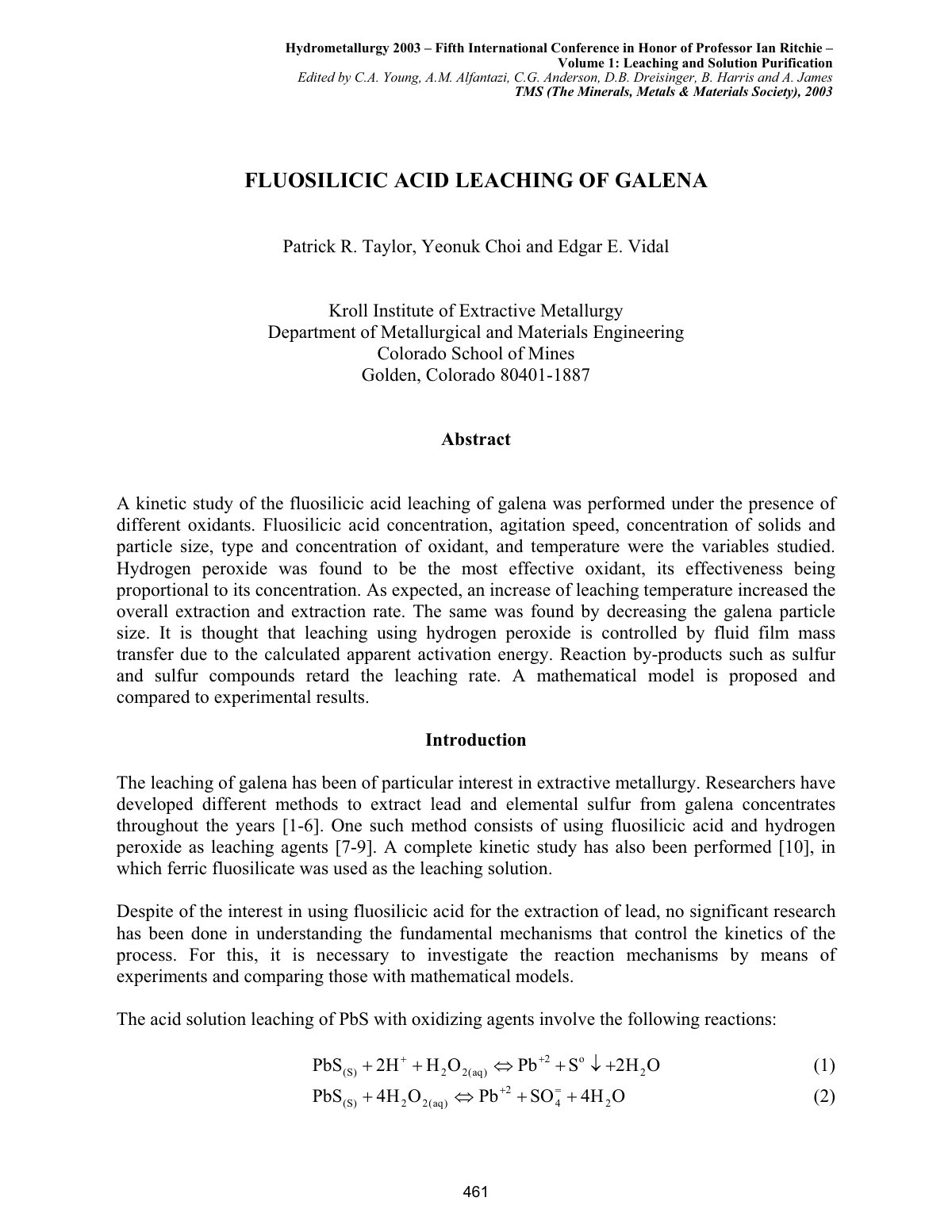 First page of FLUOSILICIC ACID LEACHING OF GALENA