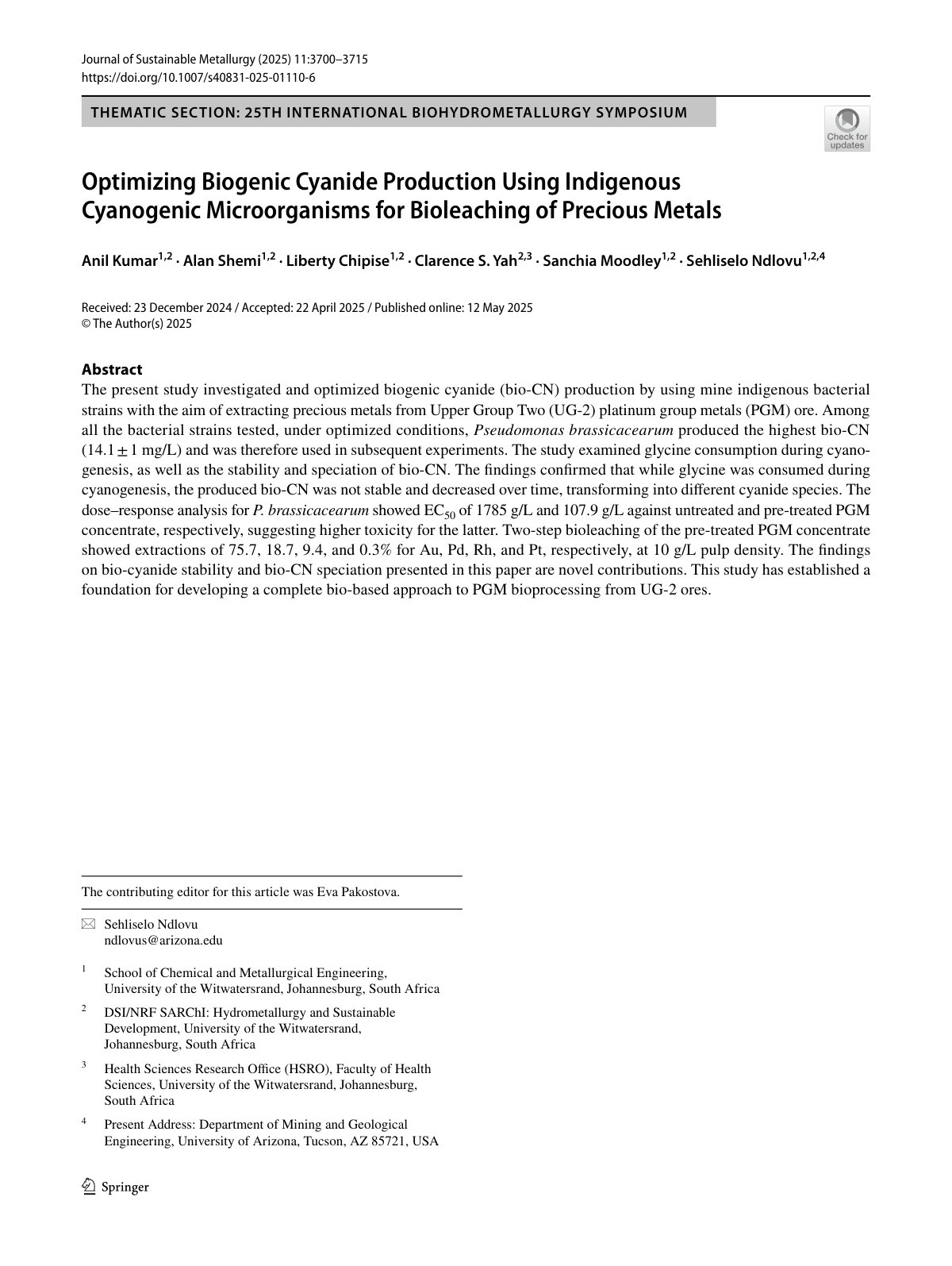 First page of Optimizing Biogenic Cyanide Production Using Indigenous Cyanogenic Microorganisms for Bioleaching of Precious Metals