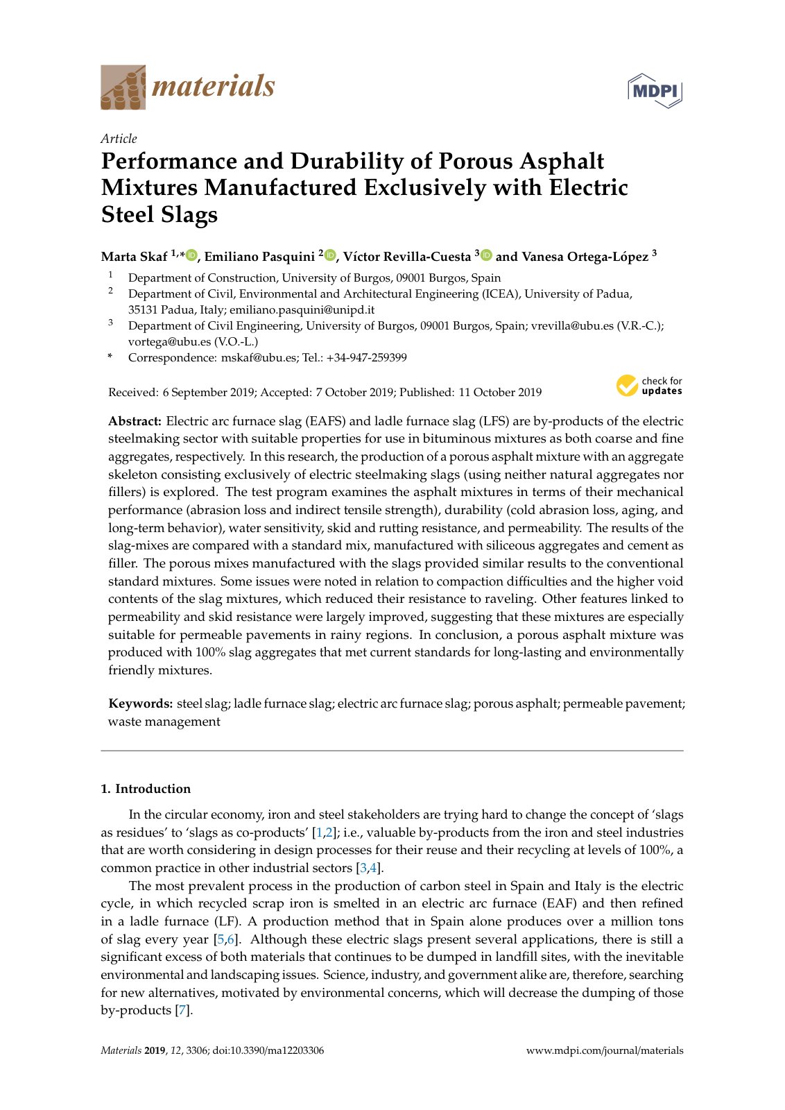 First page of Performance and Durability of Porous Asphalt Mixtures Manufactured Exclusively with Electric Steel Slags