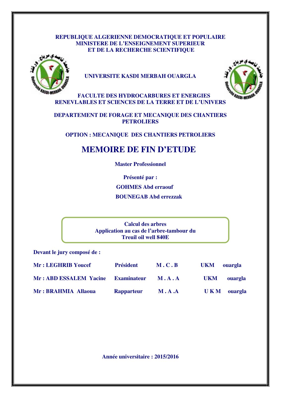First page of MEMOIRE DE FIN DETUDE