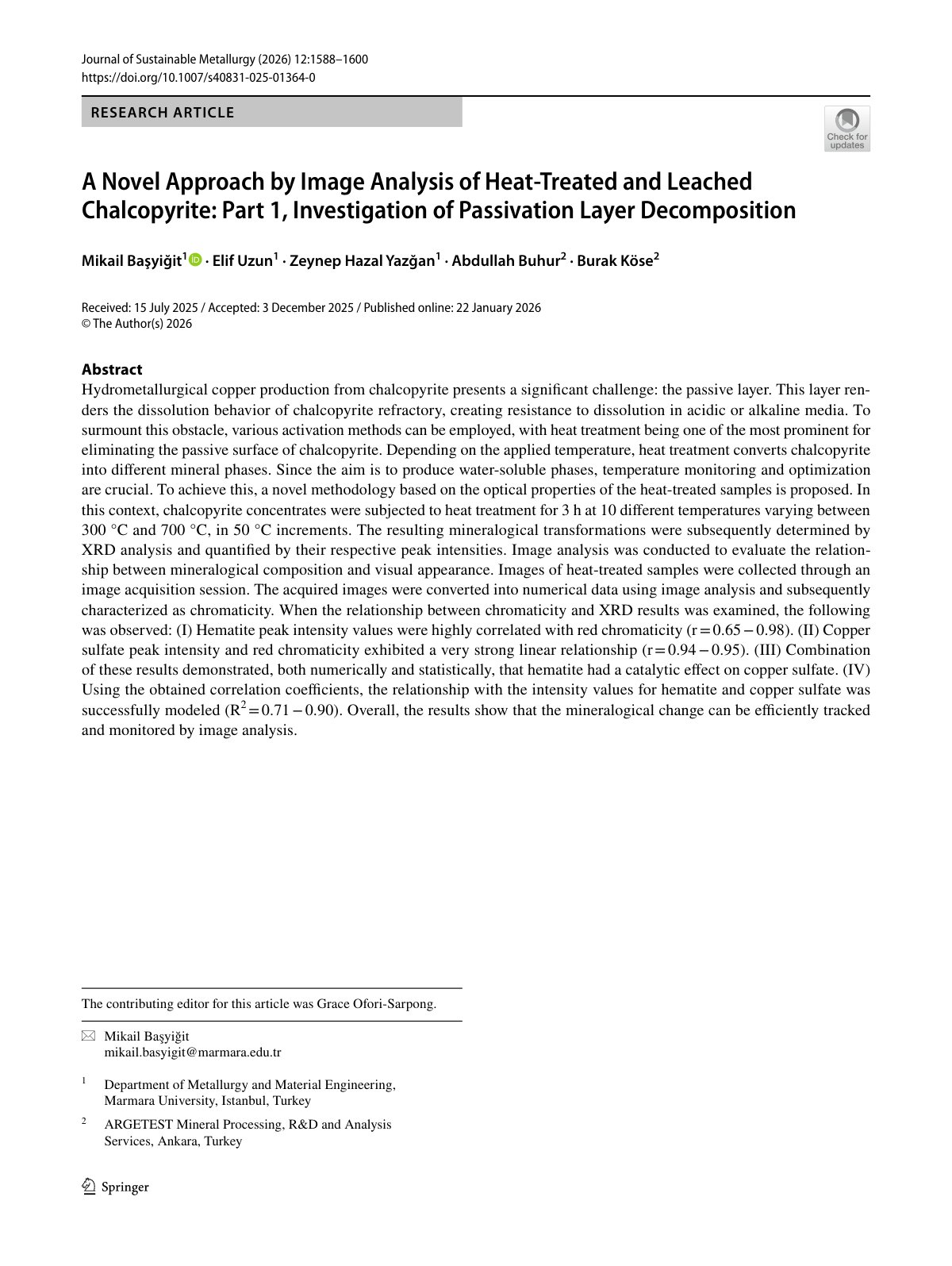 First page of A Novel Approach by Image Analysis of Heat‑Treated and Leached Chalcopyrite: Part 1, Investigation of Passivation Layer Decomposition