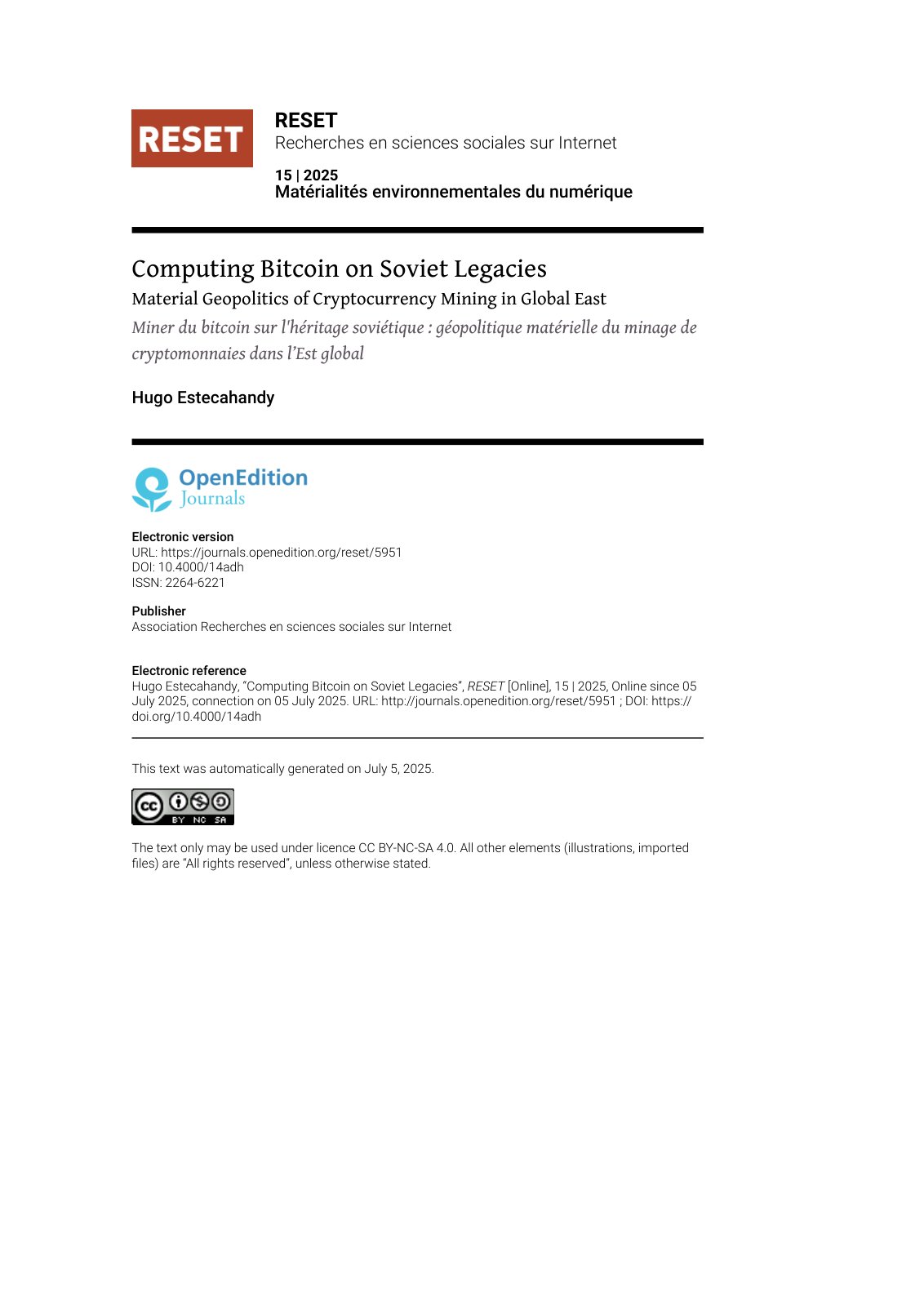 First page of Computing Bitcoin on Soviet Legacies Material Geop