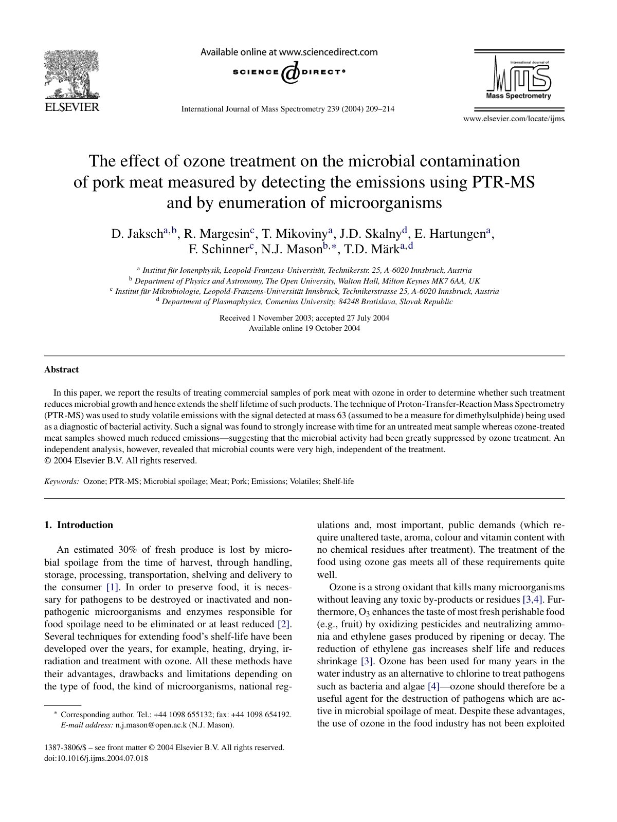 First page of The effect of ozone treatment on the microbial contamination of pork meat measured by detecting the emissions using PTR-MS and by enumeration of microorganisms