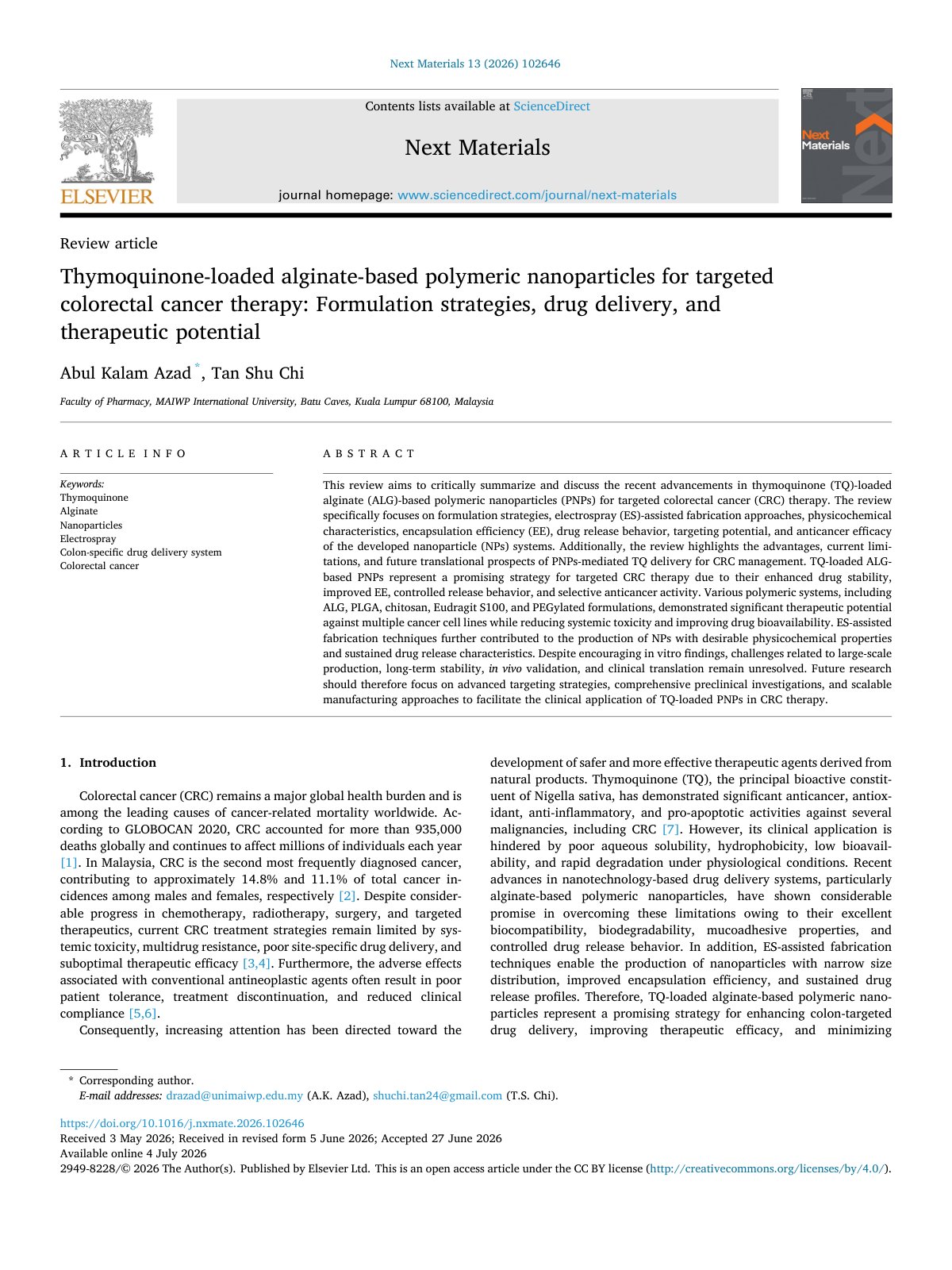 First page of Thymoquinone loaded alginate based polymeric nanoparticles for ta 2026 Next 