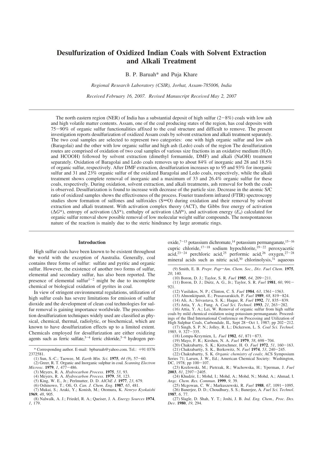 First page of Desulfurization of oxidized Indian coals