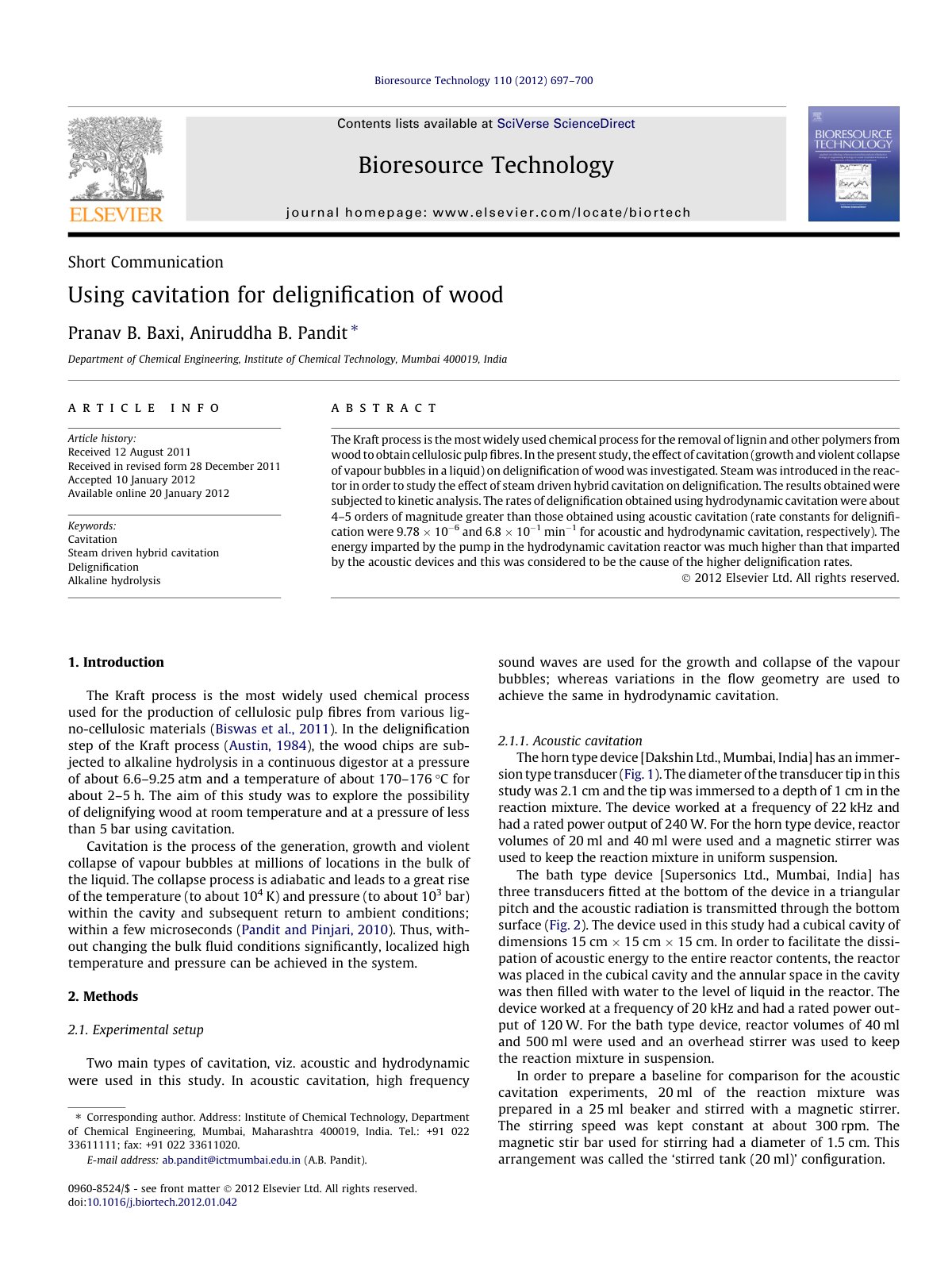 First page of Using cavitation for deligniﬁcation of wood
