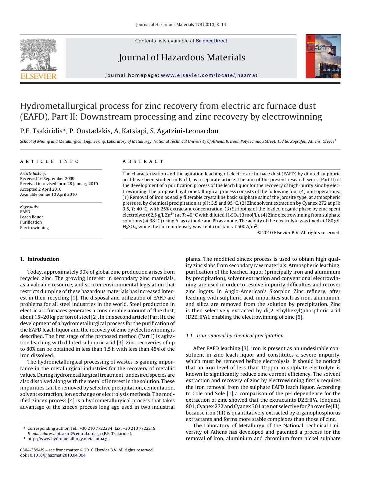 First page of Hydrometallurgical process for zinc reco