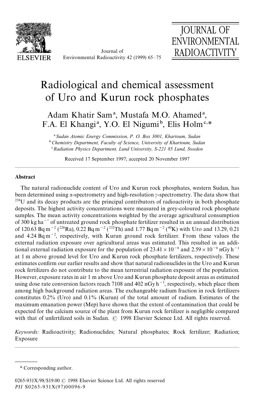 First page of Radiological and chemical assessment of Uro and Kurun rock phosphates