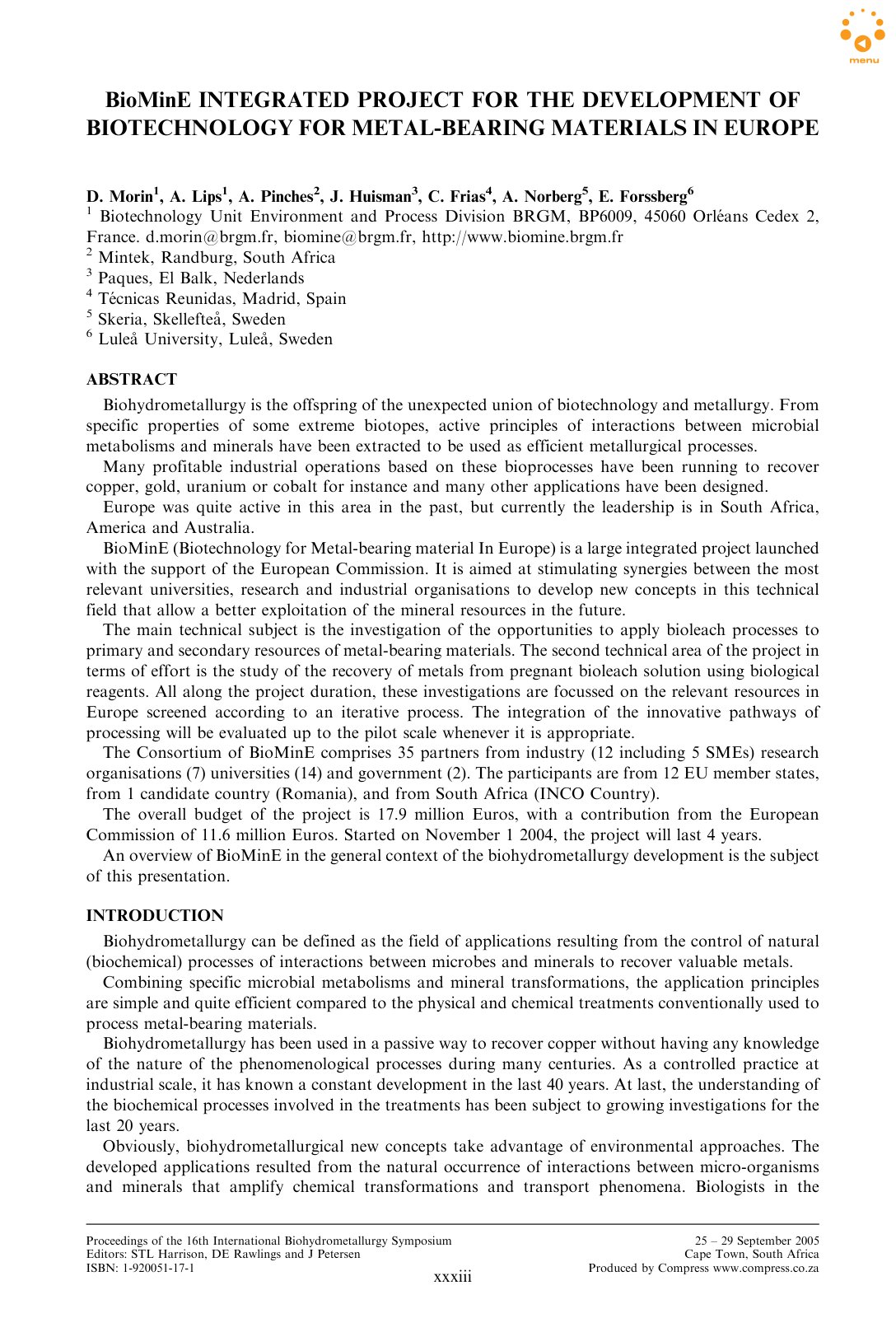 First page of BioMinE Integrated project for the devel