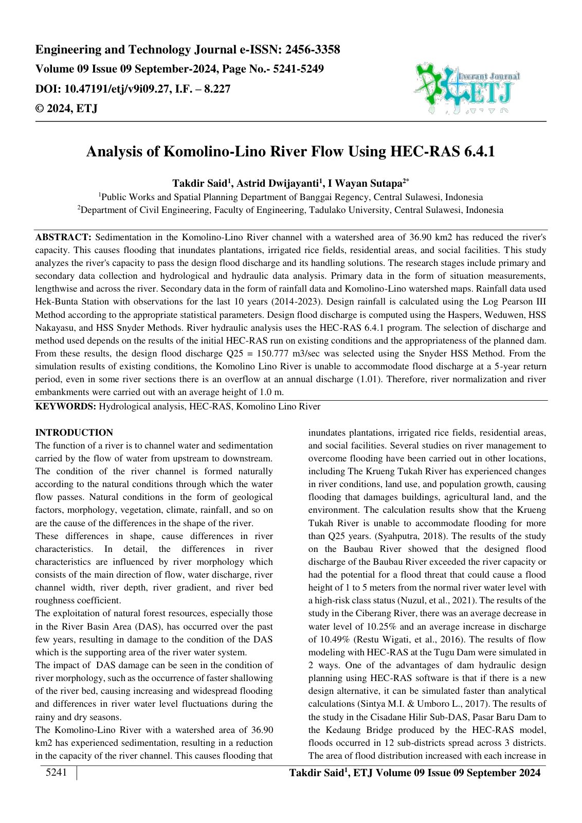 First page of Analysis of Komolino Lino River Flow Using HEC RAS 6.4.1 