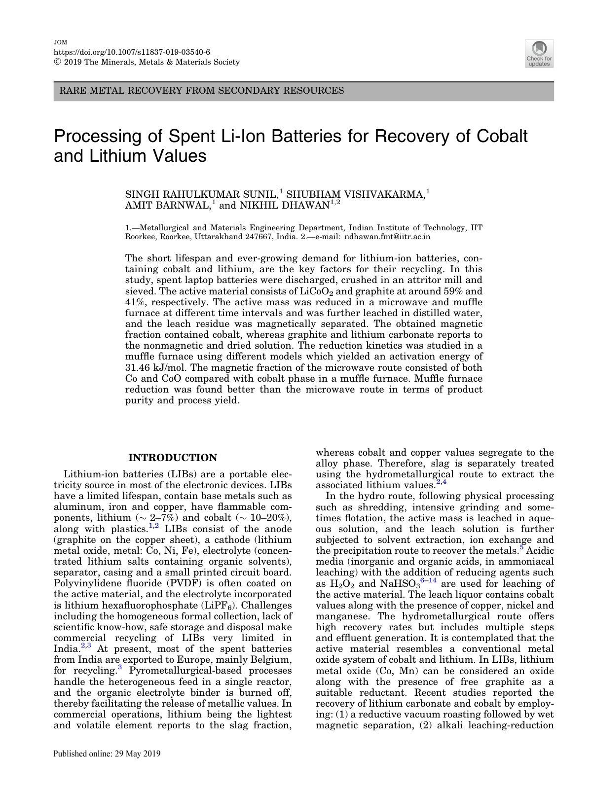 First page of Processing of Spent Li Ion Batteries for