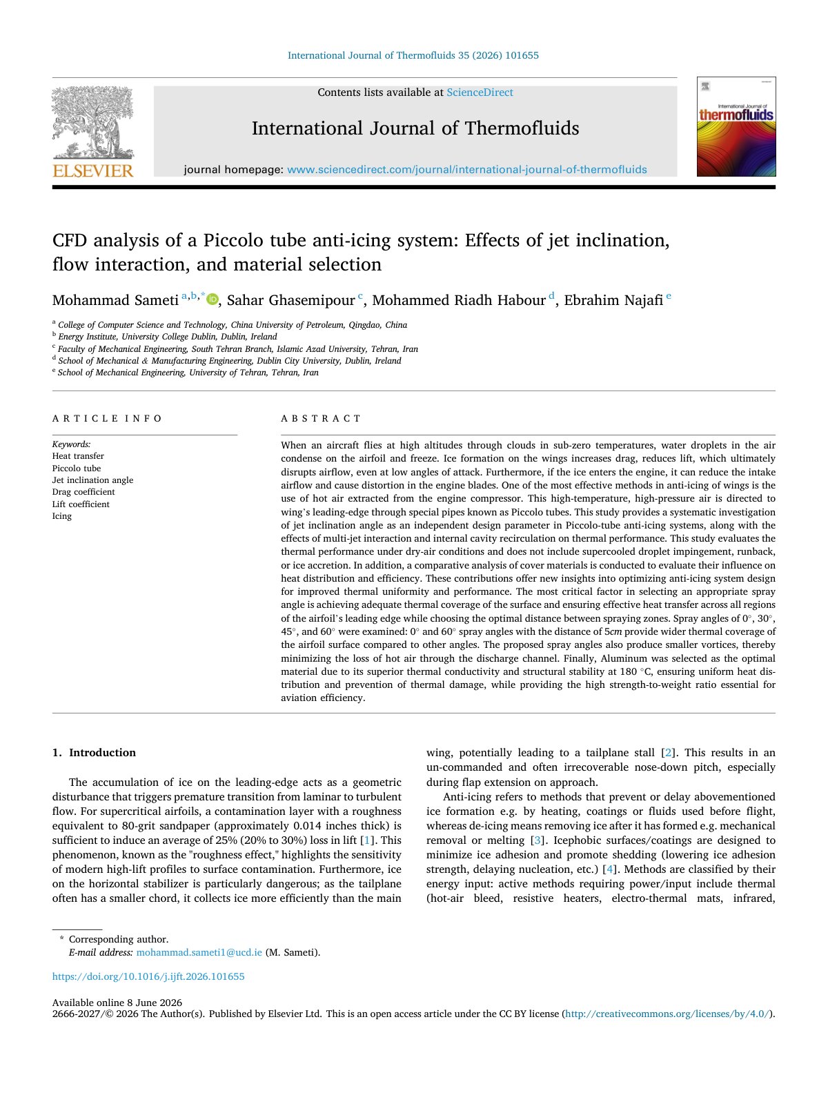 First page of CFD analysis of a Piccolo tube anti-icing system: Effects of jet inclination, flow interaction, and material selection