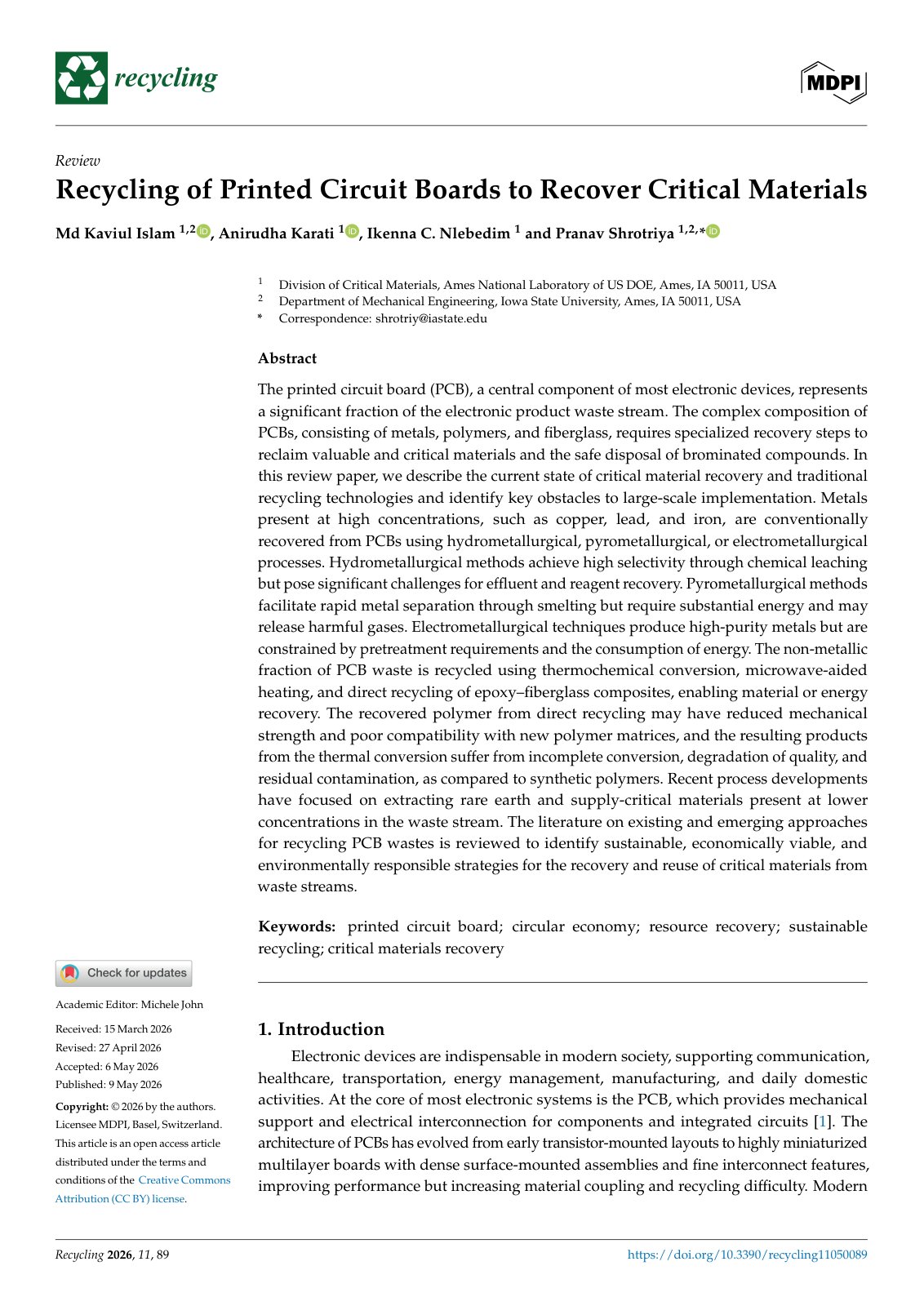 First page of Recycling of Printed Circuit Boards to Recover Critical Materials