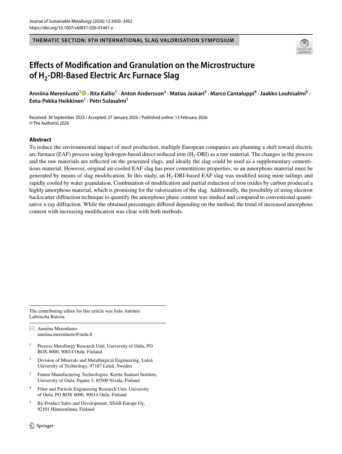 First page of 2026 Merenluoto H2 DRI EAF Slag Modification Granulation