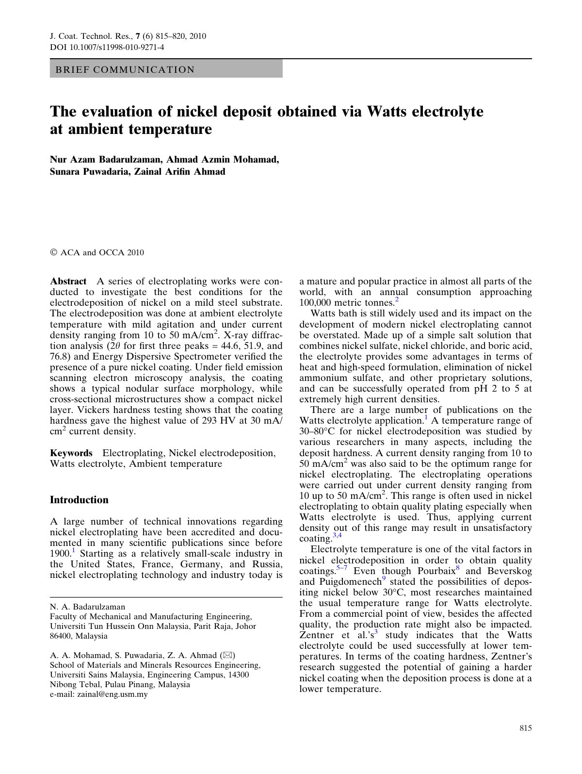 First page of The evaluation of nickel deposit obtained via Watts electrolyte at ambient temperature