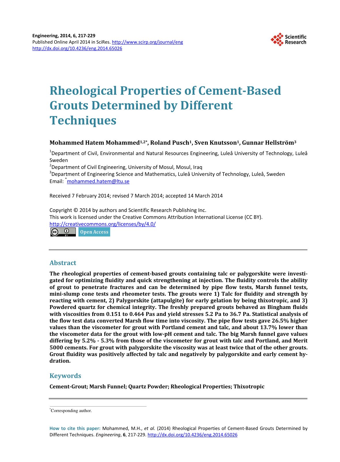 First page of Rheological Properties of Cement Based G