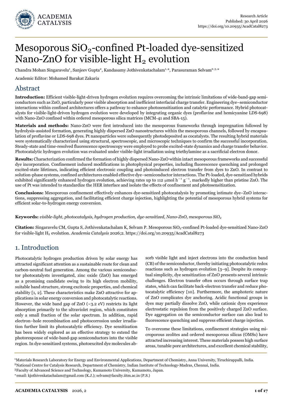 First page of Mesoporous SiO2 confined Pt loaded dye s