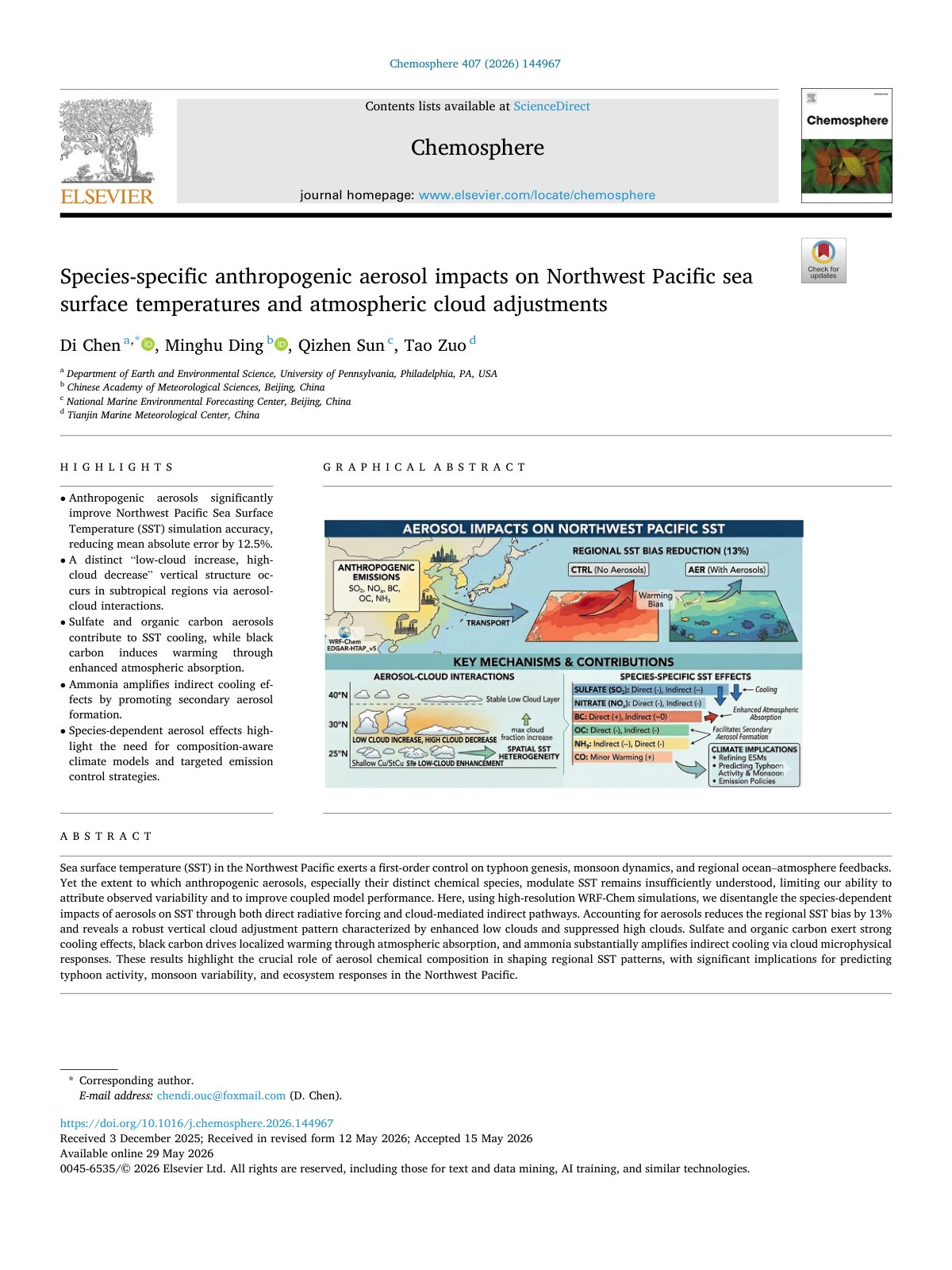 First page of Species specific anthropogenic aerosol impacts on Northwest Pacif 2026 Chemo
