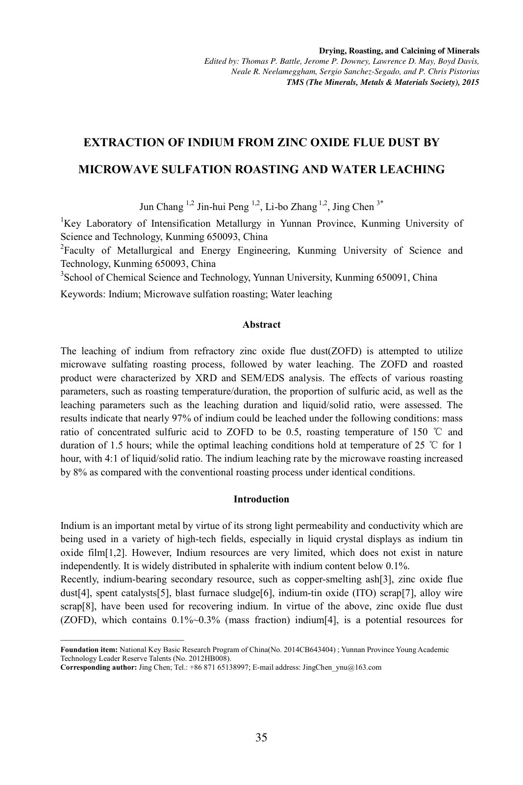 First page of Extraction of indium from zinc oxide flue dust by microwave sulfation roasting and water leaching
