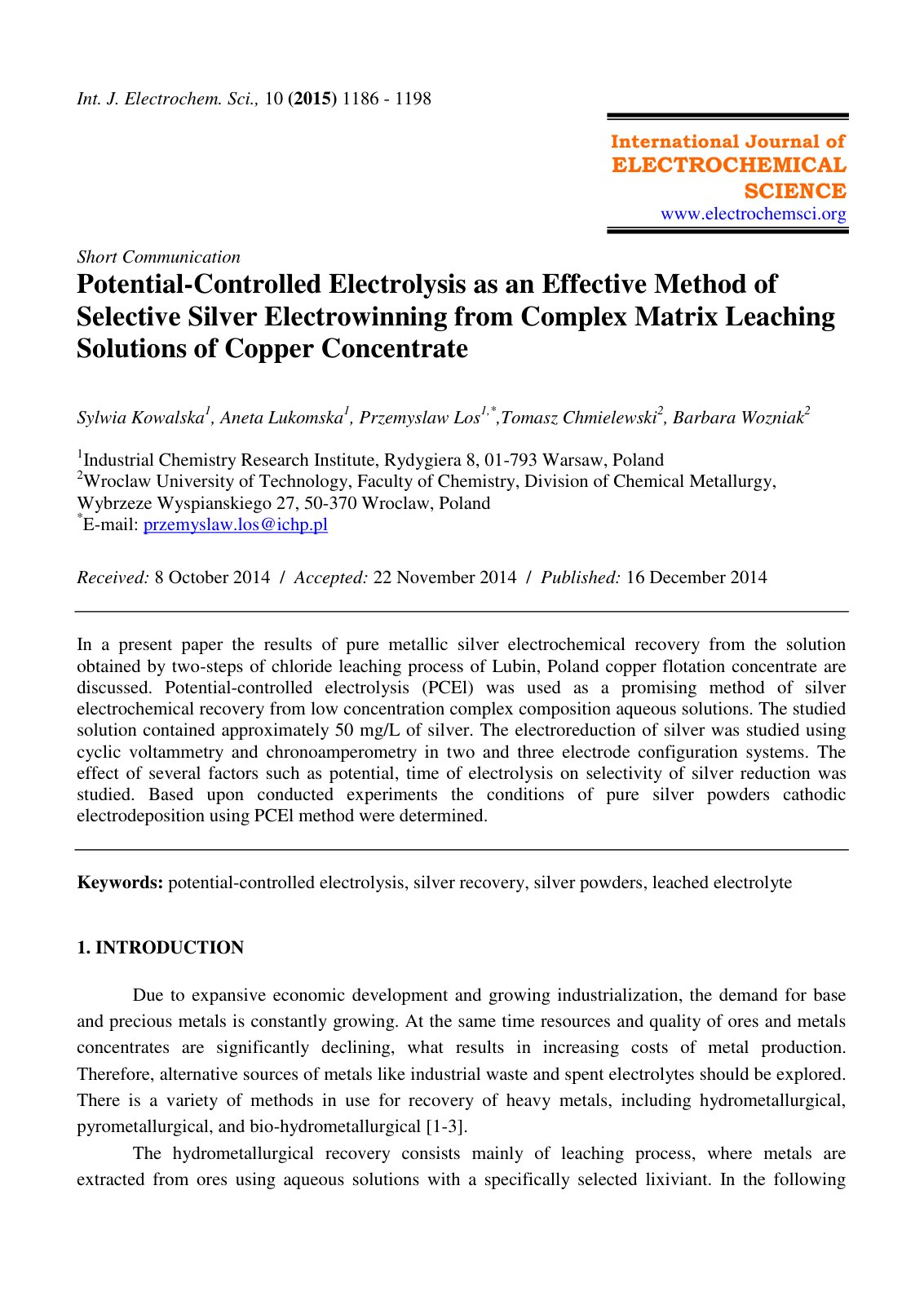 First page of Potential-Controlled Electrolysis as an Effective Method of Selective Silver Electrowinning from Complex Matrix Leaching Solutions of Copper Concentrate