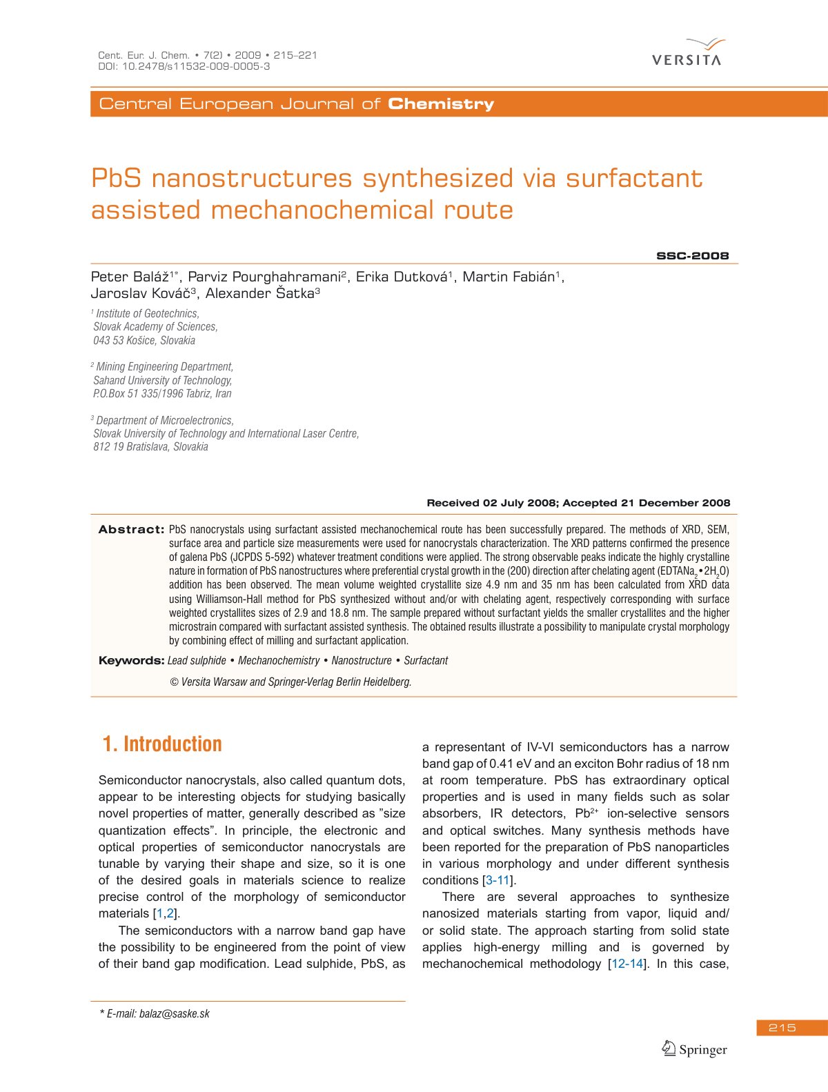 First page of PbS nanostructures synthesized via surfactant assisted mechanochemical route